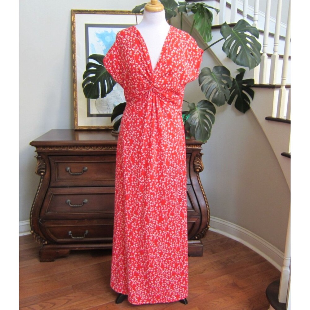 Lands' End Size M Red Floral Empire Waist Maxi Dress Cottagecore Resort